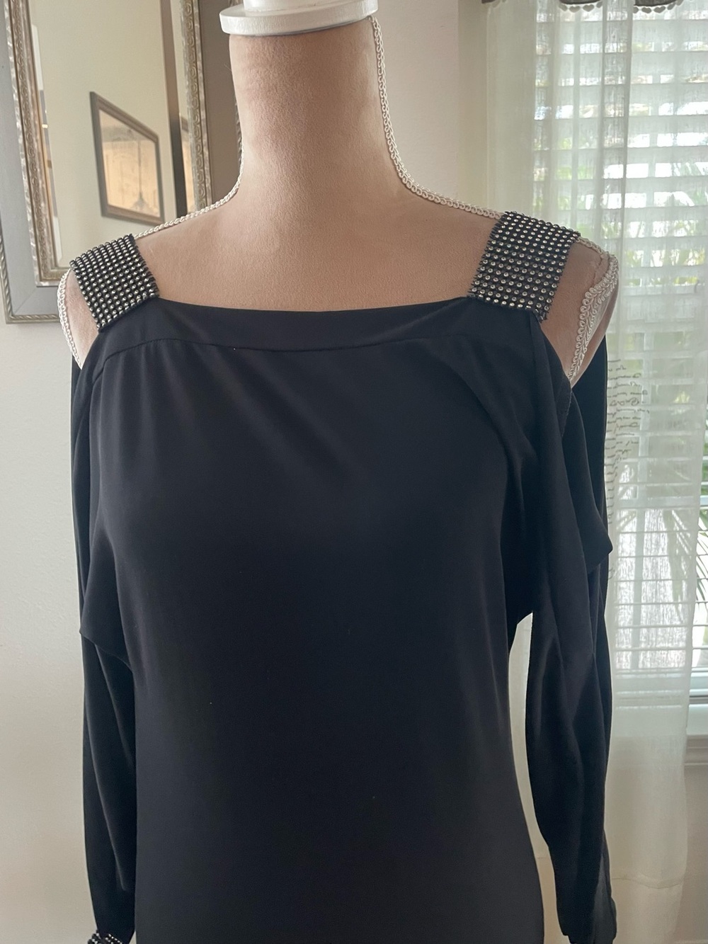 B Darlin Black Cold-Shoulder Dress with Studded Straps, Small